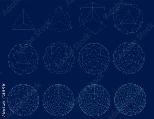 Grid spheres. 3D globes with abstract net or wireframe for chemical or biology, infographic, round particles structure concept. Vector set connect in circle wireframe structure