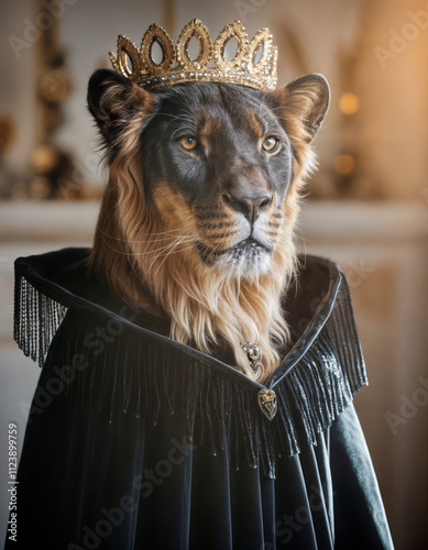 Portrait of majestic regal anthropomorphic dark female lioness with blonde mane dressed as medieval queen with golden crown and black royal robe cape in baroque and antique style atmosphere.	