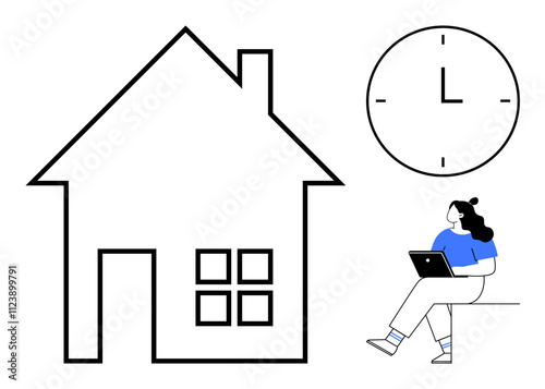 Woman working on laptop while sitting, next to a house and clock. Ideal for remote work, time management, home office setup, productivity, work-life balance, freelancing, and telecommuting themes