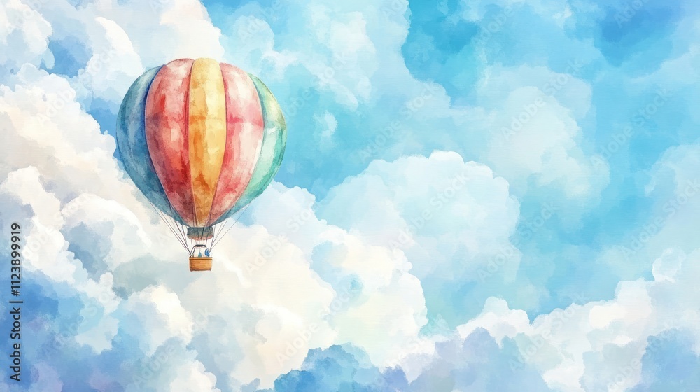 Obraz premium Colorful hot air balloon floats amidst fluffy clouds.