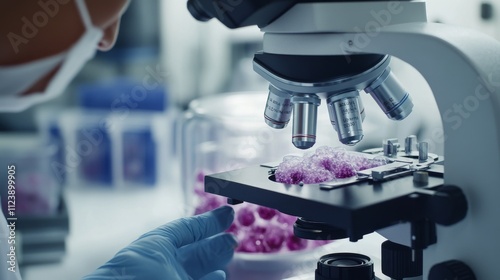 A clinical cytologist examining cell samples in a cytology laboratory, with microscope and cell culture samples visible, Cytology style photo