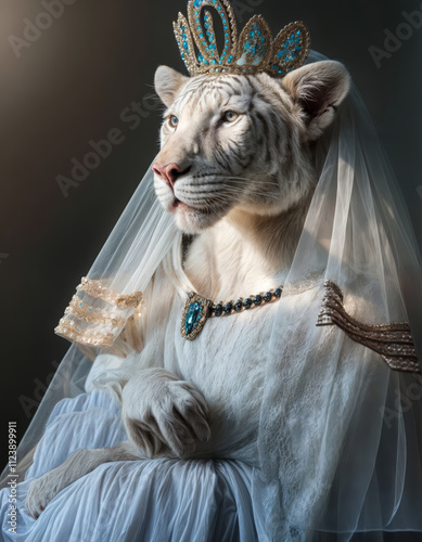 Portrait of majestic regal anthropomorphic female white tigress dressed as medieval queen with golden crown, royal silky veil and blue jewels necklace in baroque and antique style atmosphere.	