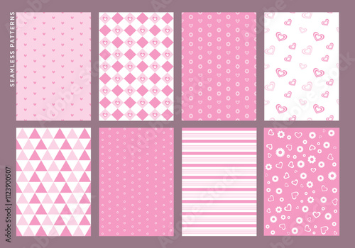 Heart seamless patterns clipart set. Endless and continuous pattern clip art with heart, diamond, circle and flowers shapes wallpaper collection. Vector illustration pink seamless background.  
