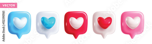 Heart speech bubble 3d icon clipart set. Hearts shape balloons, nubes, love sign, like buttons and chat symbol collection for social media graphic elements clip art. Vector illustration love speech 