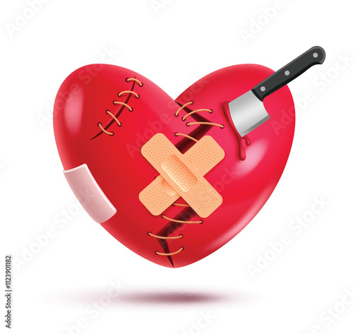 Heart broken red icon clipart. Broken heart 3d clip art with stitches, knife, cut, blood and bandage for relationship separation symbol. Vector illustration love breakup icon. 
