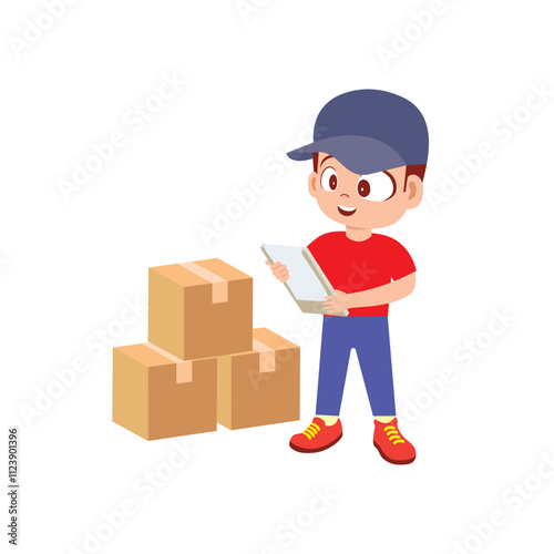 A cheerful boy wearing a blue cap and red outfit while standing next to three stacked cardboard boxes, appearing focused and engaged.