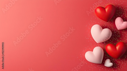 Colorful hearts scattered on a soft red background, perfect for love-themed projects.