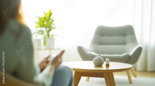 A clinical hypnotherapist guiding a therapy session in a tranquil therapy room, with relaxation aids and hypnotherapy tools visible, Hypnotherapy style photo