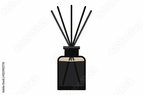 Front view of black aromatic reed diffuser bottle isolated on white background