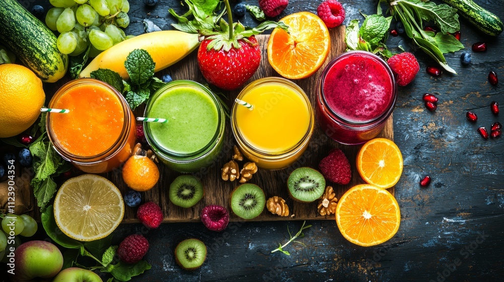 Colorful fruit smoothies with fresh ingredients