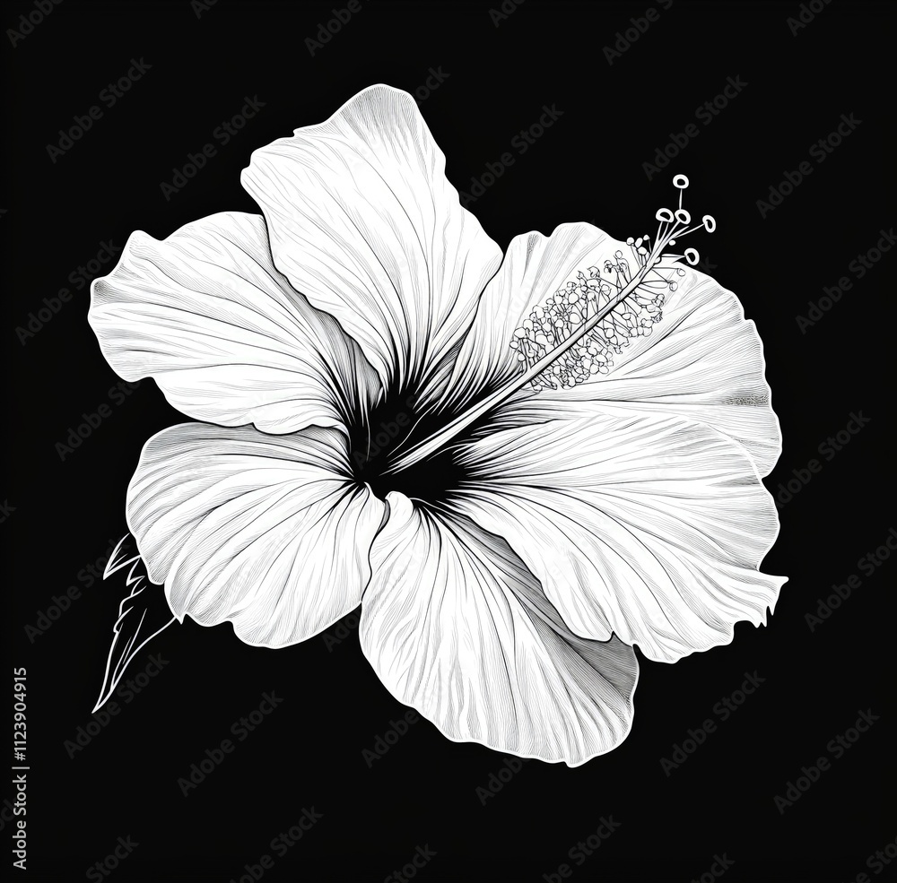 Fototapeta premium Monochrome hibiscus flower illustration, detailed petals and stamens.