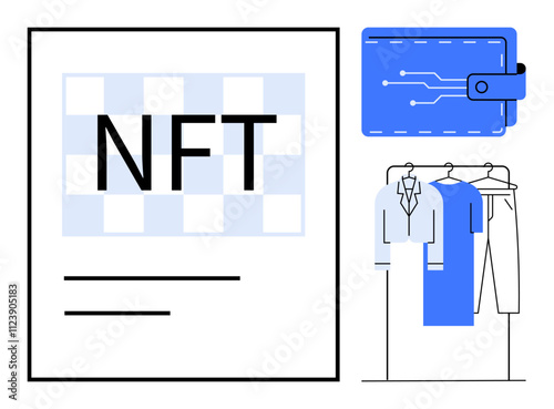 NFT graphic with digital wallet and clothes on hangers. Ideal for digital fashion, NFTs, e-commerce, digital assets, blockchain technology, online shopping, virtual wardrobes. Line metaphor
