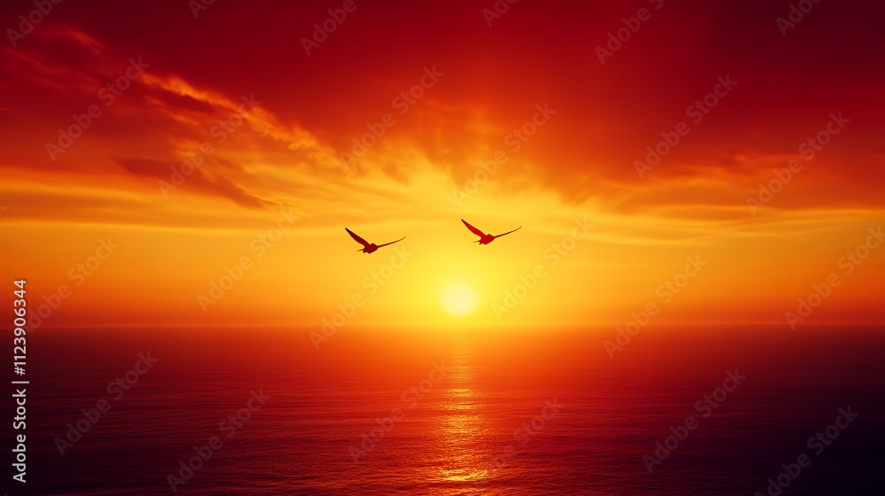 Obraz premium Two birds fly over ocean at fiery sunset.