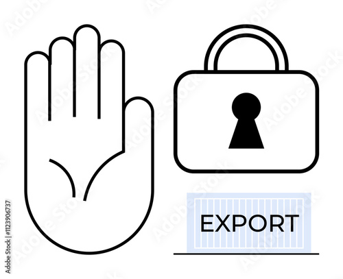 Hand gesture, lock symbol with keyhole, and export container. Ideal for trade policies, security measures, international shipping, data protection, permissions logistics global commerce. Line