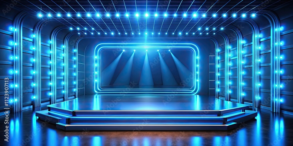 Obraz premium Futuristic blue stage with glowing neon lights, futuristic, stage, blue, glowing, neon lights, technology, modern