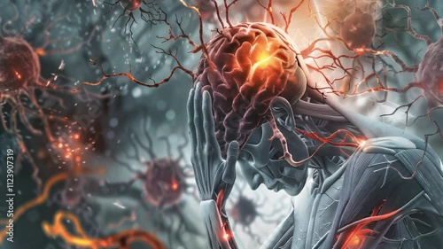 Neurological Complications of Diabetes: The Nerve Damage and Cognitive Decline - Visualize a person with a highlighted brain and nerves affected by diabetes, experiencing nerve damage