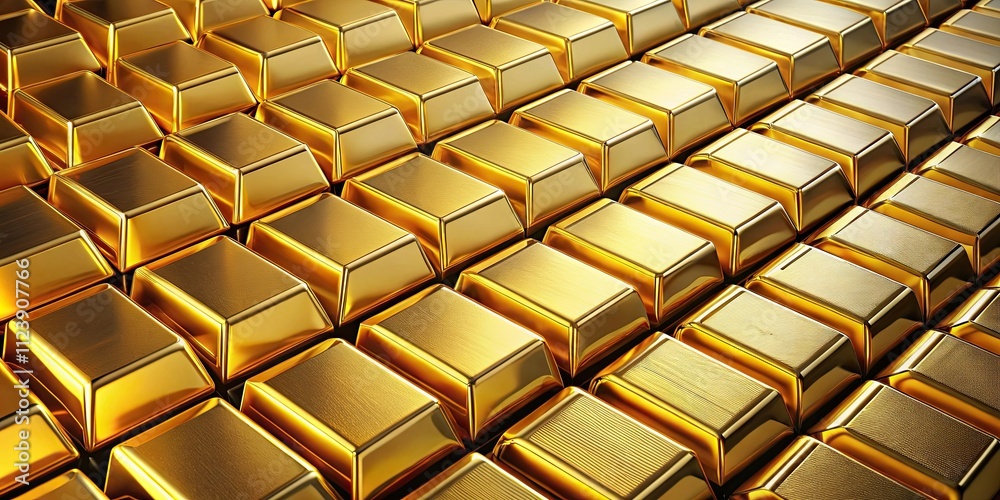 Fototapeta premium Diagonal rows of gold bars in , gold, bars, wealth, finance, investment, savings, luxury,shiny, precious, metal, background
