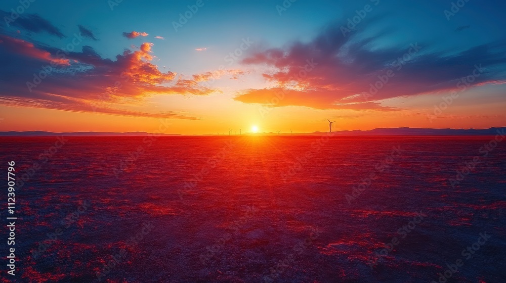 Fototapeta premium Breathtaking Sunset Over Expansive Desert Landscape with Vivid Colors and Silhouetted Wind Turbines in the Distance, Perfect for Nature and Outdoor Themes