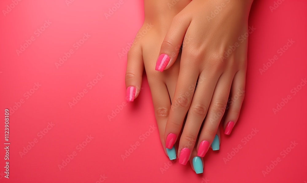 Naklejka premium Female hands with manicure on a pink background.