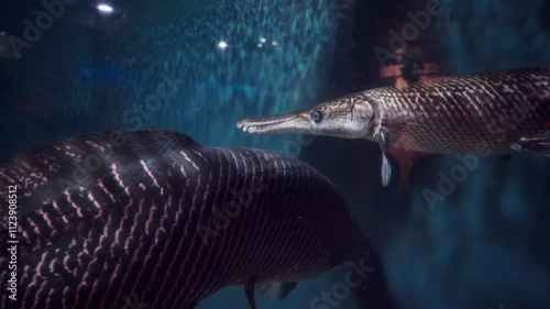 cinematic zoom-out of an alligator gar swimming in a serene underwater habitat, elongated snout in a natural aquarium setting
swimming next to an Arapaima Gigas in Aquaria KLCC, Malaysia Aquarium photo