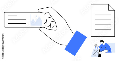 Hand holding a business card with lines and image placeholder. Nearby are document and man cleaning window. Ideal for business, office, cleaning services, organization, identity, tidiness. Line