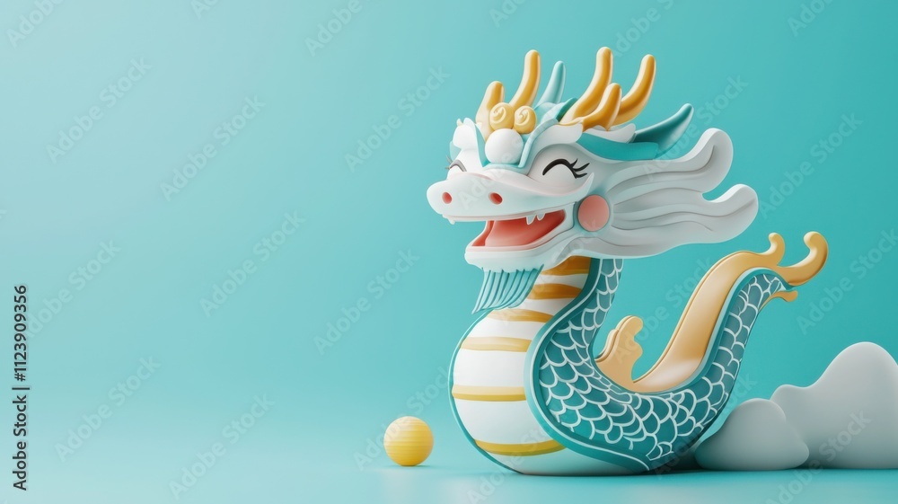 Obraz premium Colorful dragon sculpture with playful expression on a turquoise background for Chinese new year.