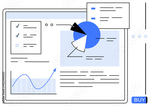 Data dashboard with line chart and pie chart accompanied by checklists and BUY button. Ideal for finance, business analysis, technology, e-commerce, education, presentations, and marketing. Line
