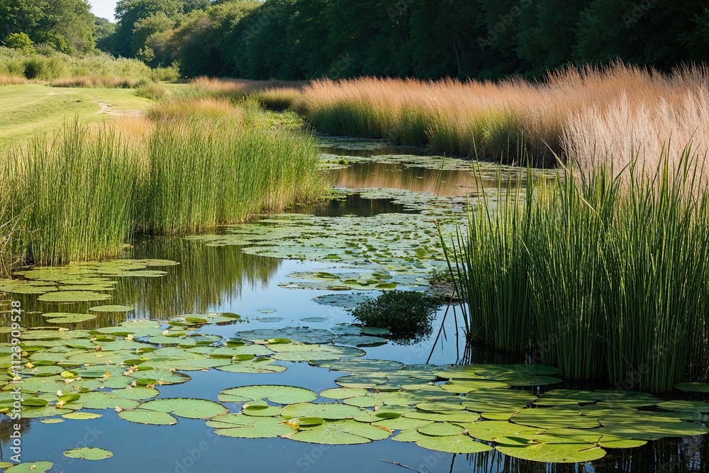 Obraz premium Tranquil Riverside Landscape with Lilypads and Reeds