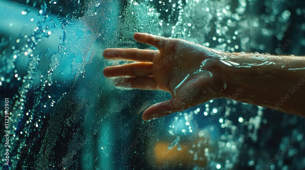 Fototapeta premium Hand Reaching Through a Rainy Window with Water Drops and Light