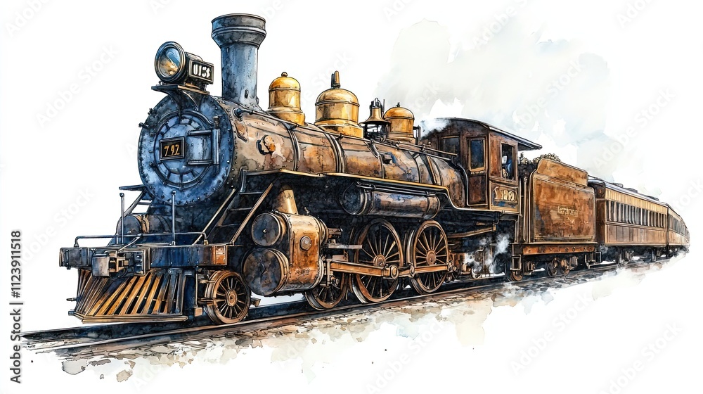 Obraz premium Vintage Steam Locomotive Train Carriages Rolling On Tracks