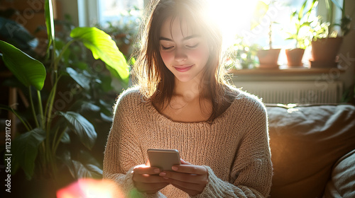 Quiet Reflection as Mother Texts Grown Child, Sunlit Room and Heartfelt Connection