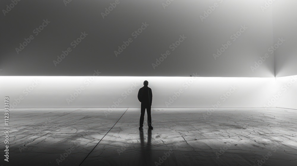 Fototapeta premium Silhouette stands, bright wall, dark floor.