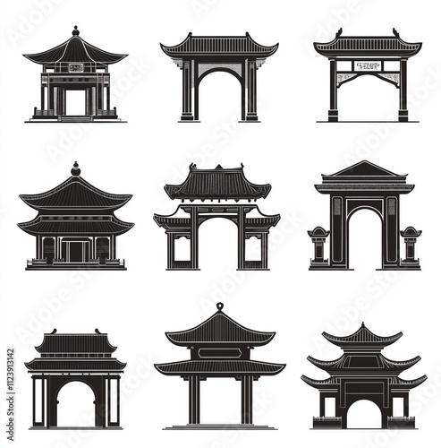 Nine Asian architectural gate and pavilion silhouettes.