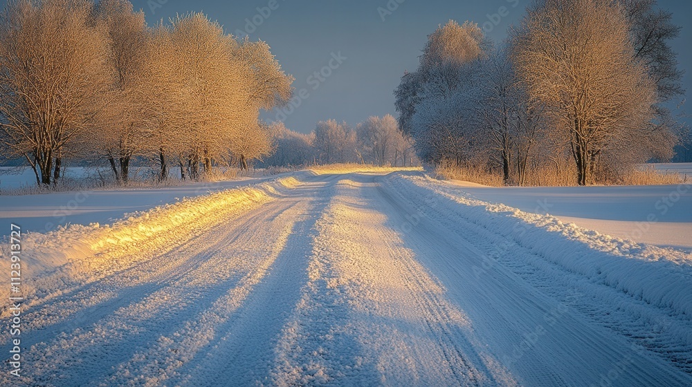 Obraz premium A serene winter road lined with frosted trees under soft morning light.