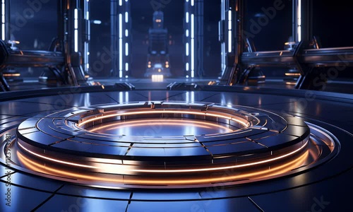 Wallpaper Mural Futuristic metallic platform with orange neon lights in a dark, sci-fi setting. Torontodigital.ca