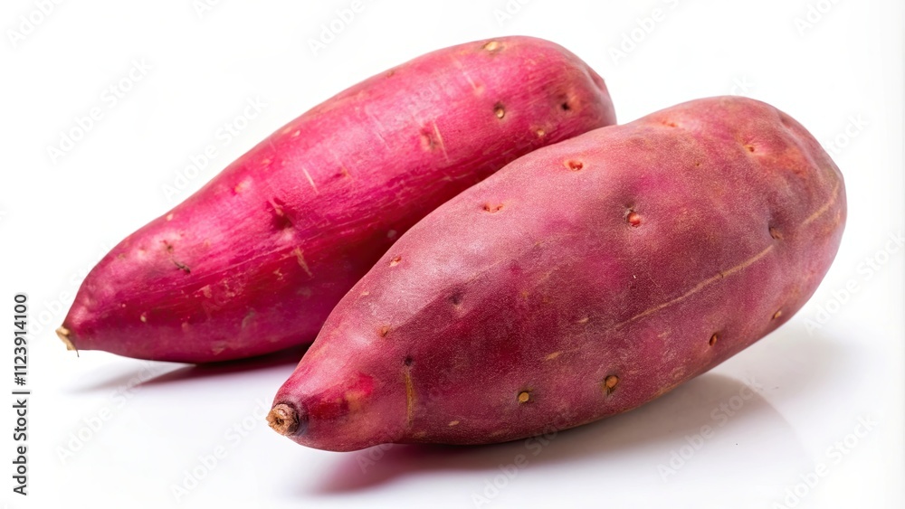 Two red sweet potatoes isolated on white background, sweet potato, red, vegetable, healthy, food, organic, fresh, natural Two red sweet potatoes isolated on white background, sweet potato, red, vegetable, healthy, food, organic, fresh, natural
