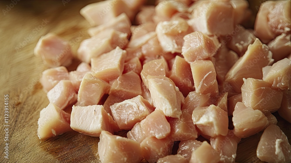 Freshly Chopped Chicken Cubes on Wooden Cutting Board Background Freshly Chopped Chicken Cubes on Wooden Cutting Board Background