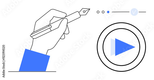 Hand holding pen drawing around a play button with three progress indicators. Ideal for video tutorials, online courses, presentation design, creative processes, digital content, artistic tools