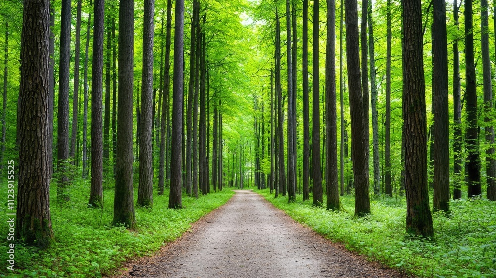 Obraz premium A tranquil pathway through a lush green forest, inviting nature lovers to explore.