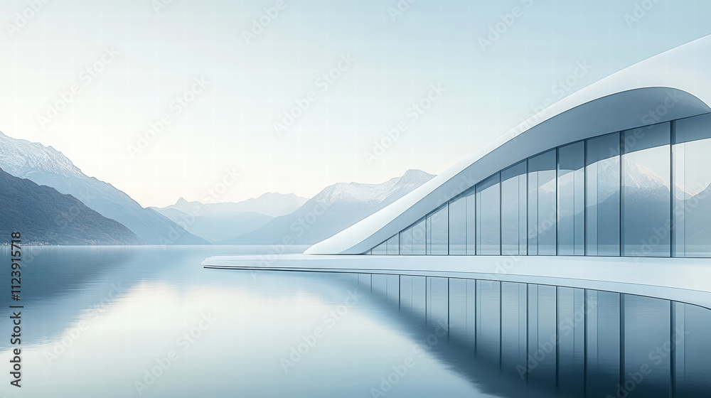 Obraz premium A white, curved architectural structure with mountains in the background, reflecting in the water, a clean sky