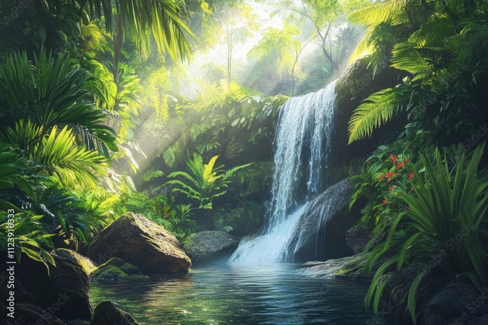 Serene jungle waterfall, lush greenery, sunlight. Serene jungle waterfall, lush greenery, sunlight.