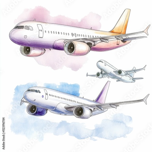 This elegant watercolor showcases the sleek and modern design of jet planes  capturing the essence of and advancement in the aviation industry  The planes soar through the sky