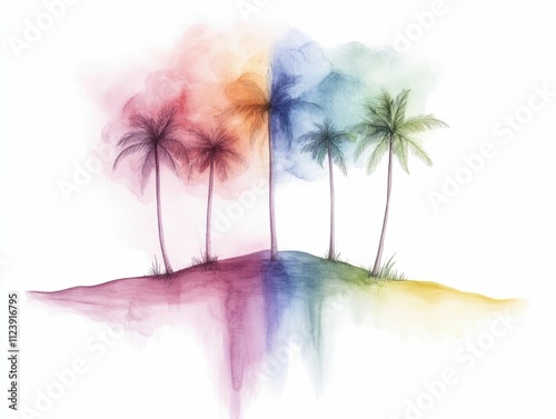 Vibrant watercolor painting of delicate line art depicting a tropical island paradise  Splashes of color create a dreamlike ethereal atmosphere evoking a sense of tranquility and escapism photo