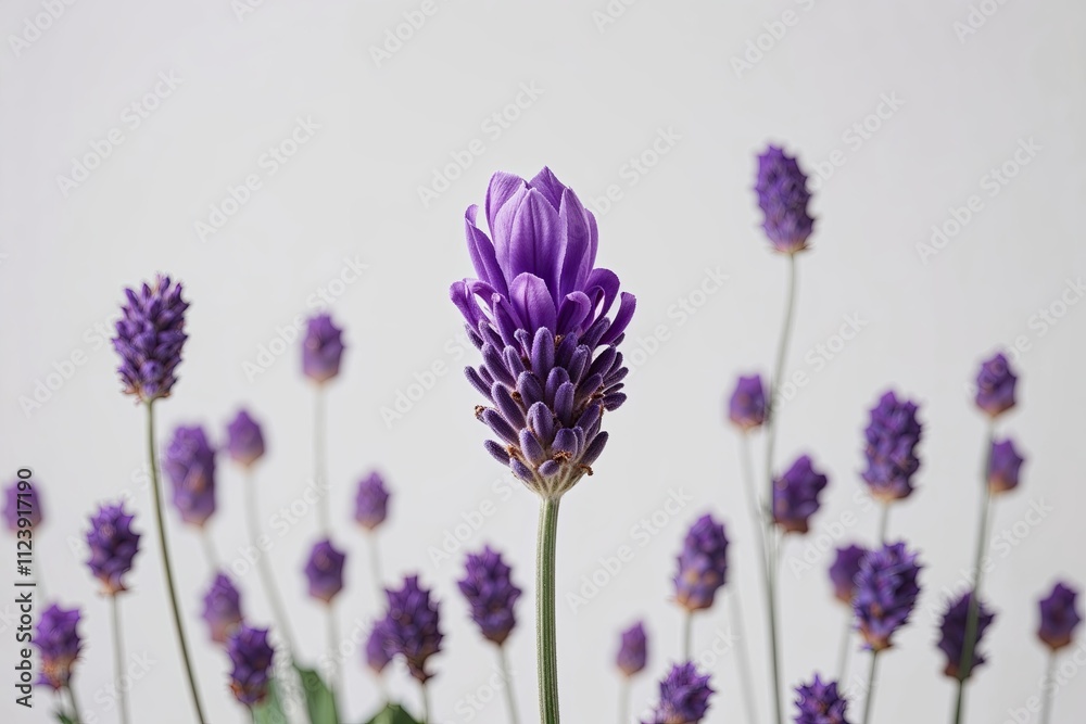 Obraz premium Levitating Lavender Flower Petals on White Background for Floral Design Inspiration