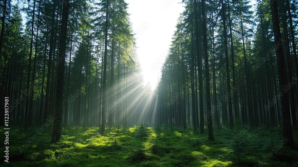 Fototapeta premium Sunlight filters through tall trees, creating a serene forest atmosphere.
