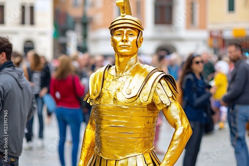 Captivating Metallic Gold Human Statue as Roman Soldier Enthralls Onlookers in Bustling Public Square photo