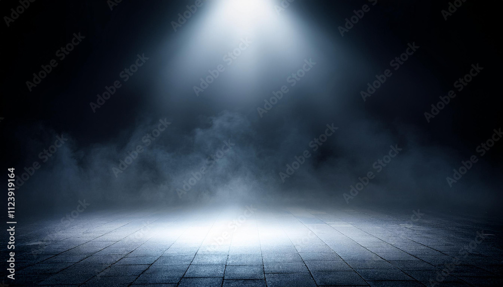 Obraz premium Mysterious and atmospheric scene with dark empty space. Floor is illuminated by spotlight creating dramatic interplay of light and shadows.