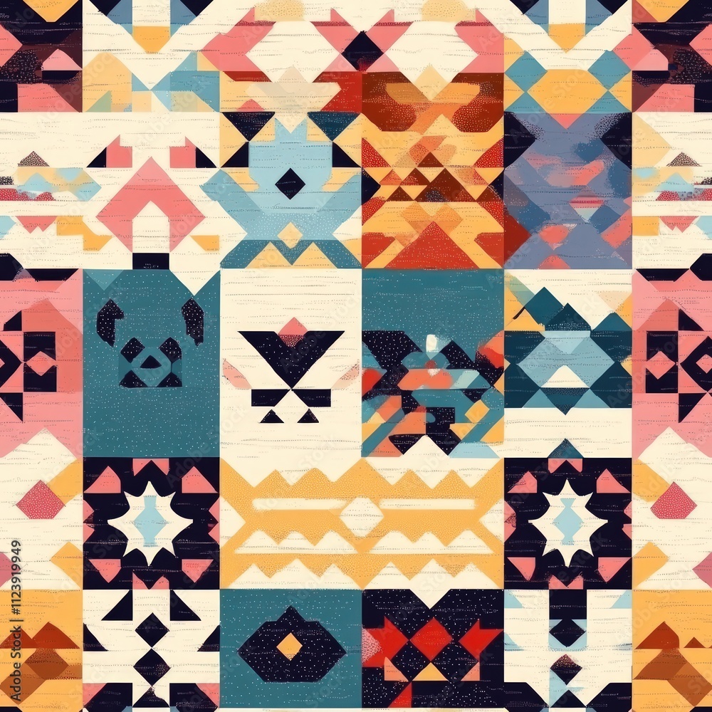 Fototapeta premium Geometric patchwork, colorful, textured textile pattern.