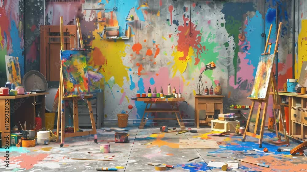 Creative Chaos: A vibrant art studio with paint-covered walls, easels, and various art supplies scattered about