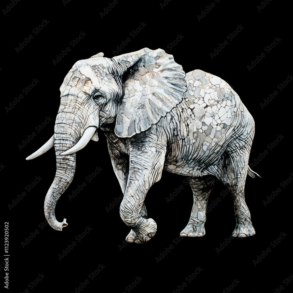 Fototapeta premium A Grey Elephant Walking on Black Background